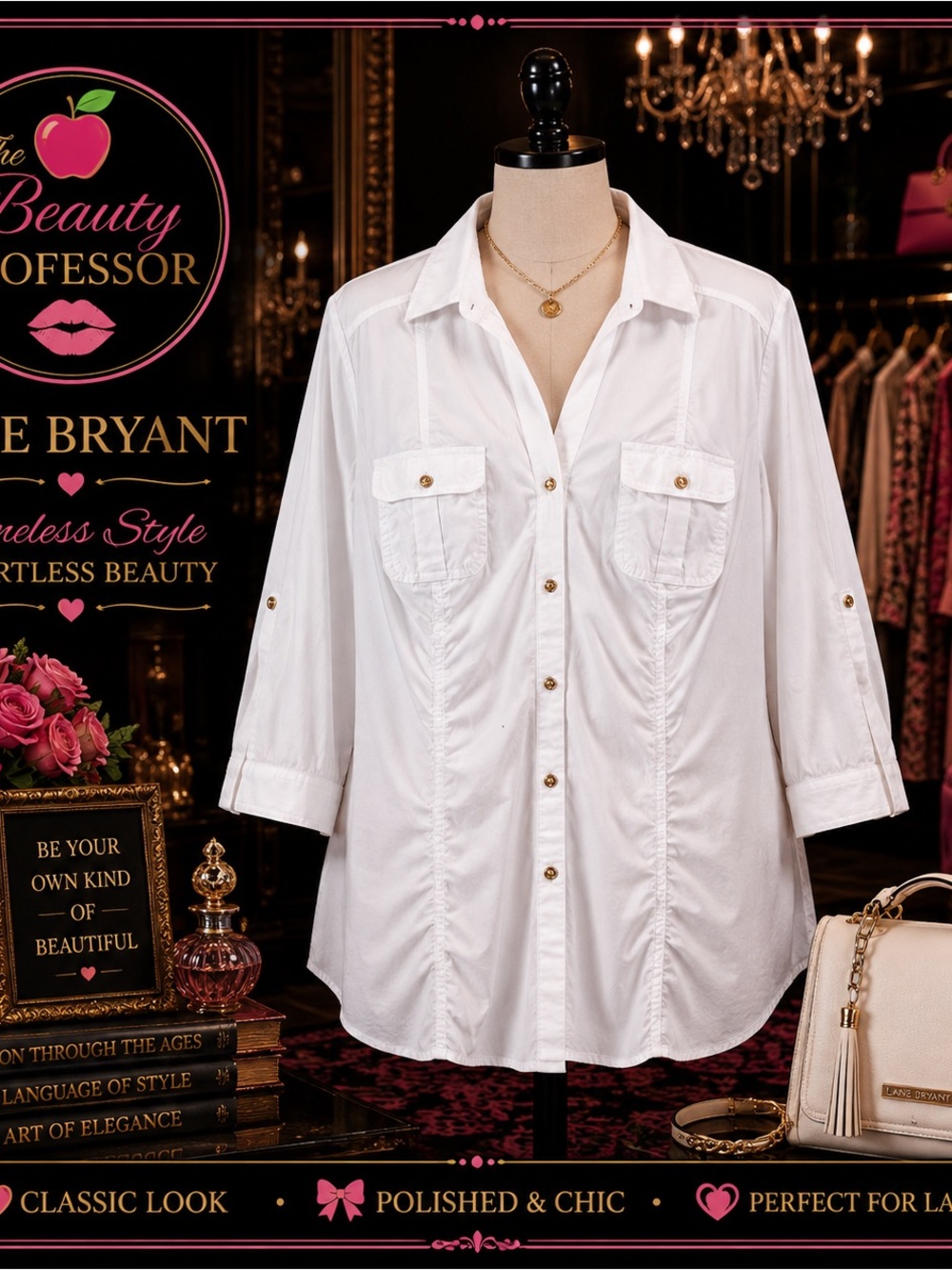 💞 Lane Bryant Size 16 White Button Front Tunic Blouse Gold Buttons